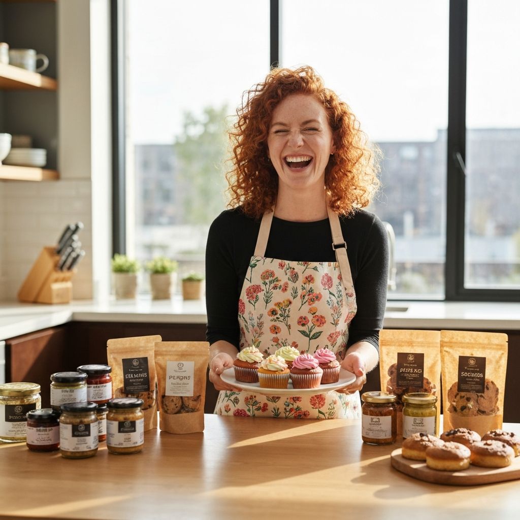 Successful female food founder holding her branded products